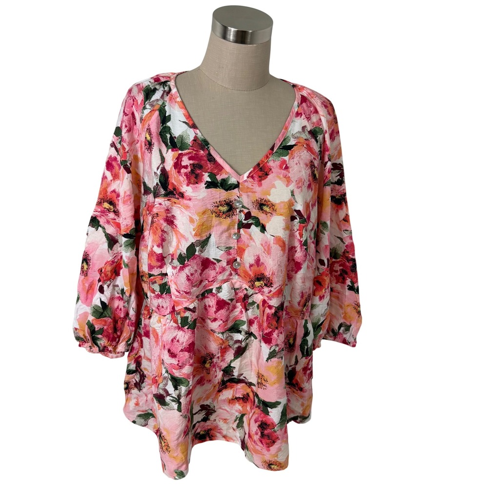 Sara Michelle Pink Floral V-Neck Tunic Blouse Plus Size 2X‎ NWT